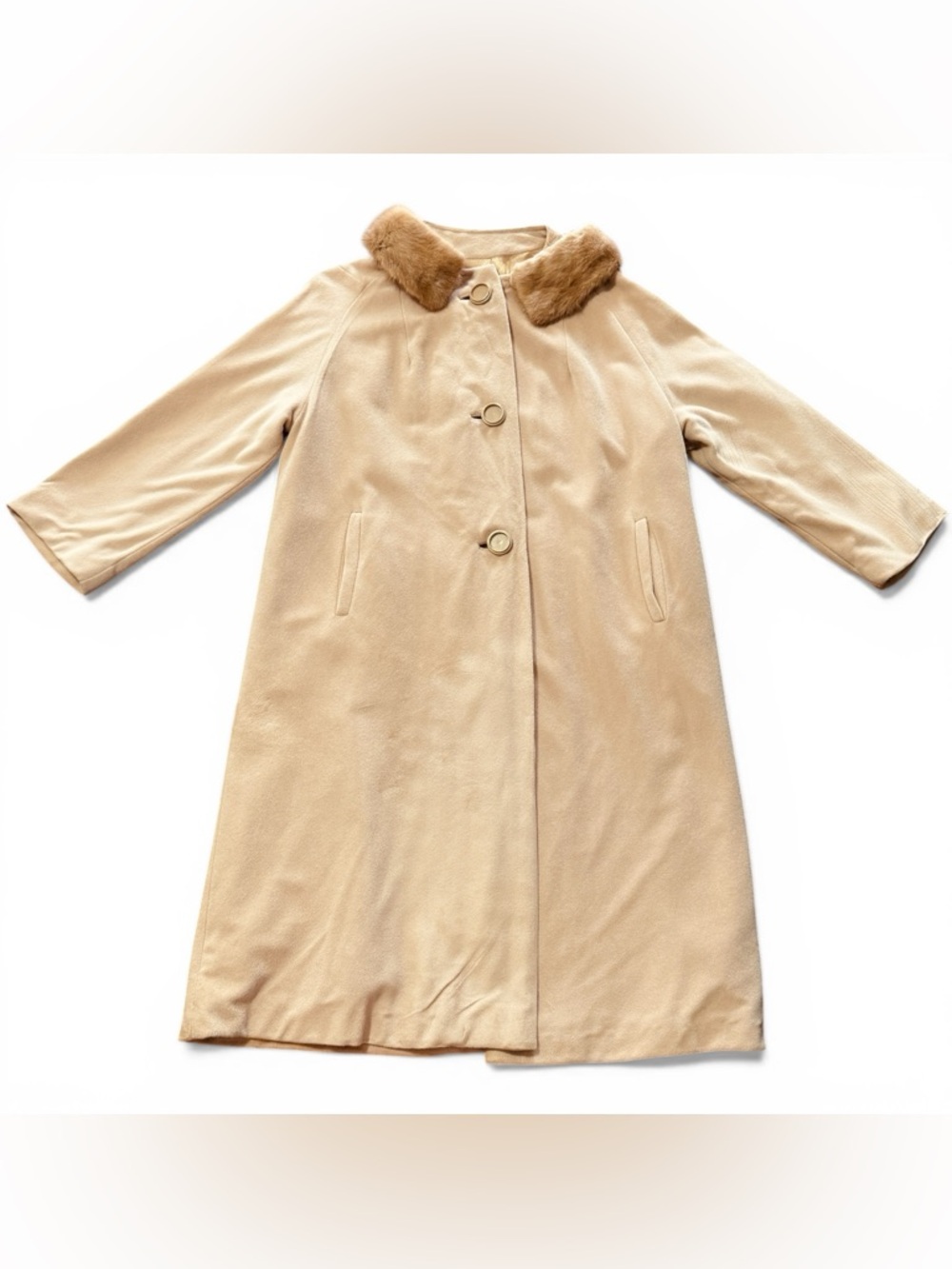 Vintage 60’s Kashmiracle Long Coat with Mink Fur Collar Tan Beige Size XL